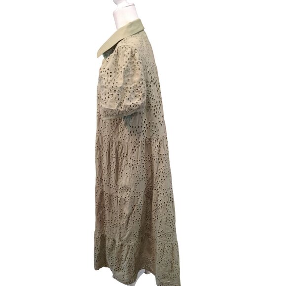 Happy Threads Eyelet Green Button-Down Dress Short Puff Sleeves Large - Picture 4 of 7